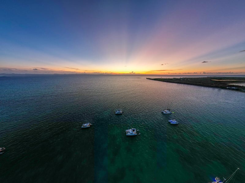 Aerial shot of anchorage in Anegada at sunset